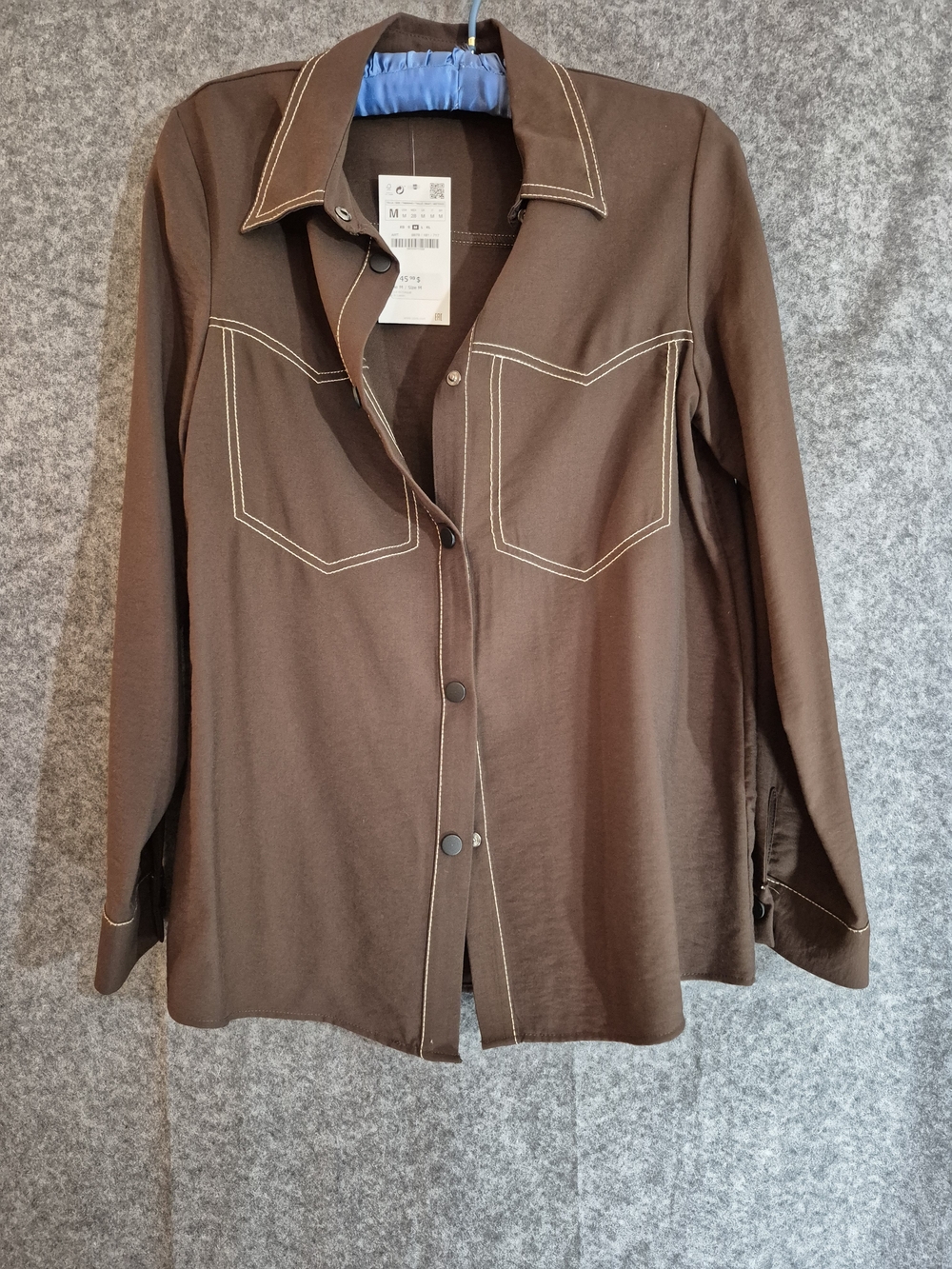 Zara Dark Brown Snap-Front Shirt Jacket with Contrast Stitching